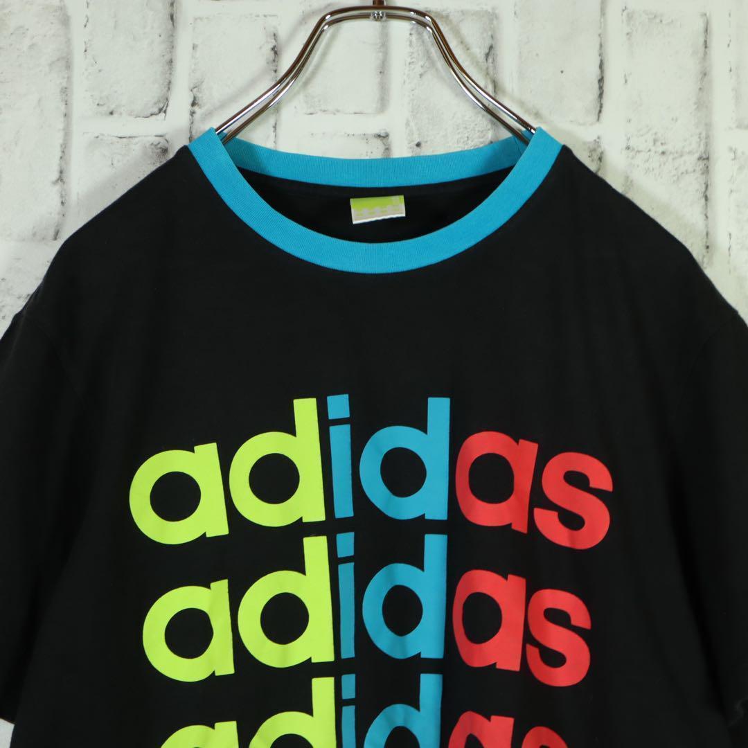 【アディダス】リンガーネックTシャツ デカロゴ カラフルロゴ ブラック L