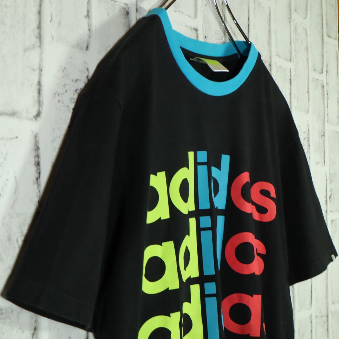 【アディダス】リンガーネックTシャツ デカロゴ カラフルロゴ ブラック L