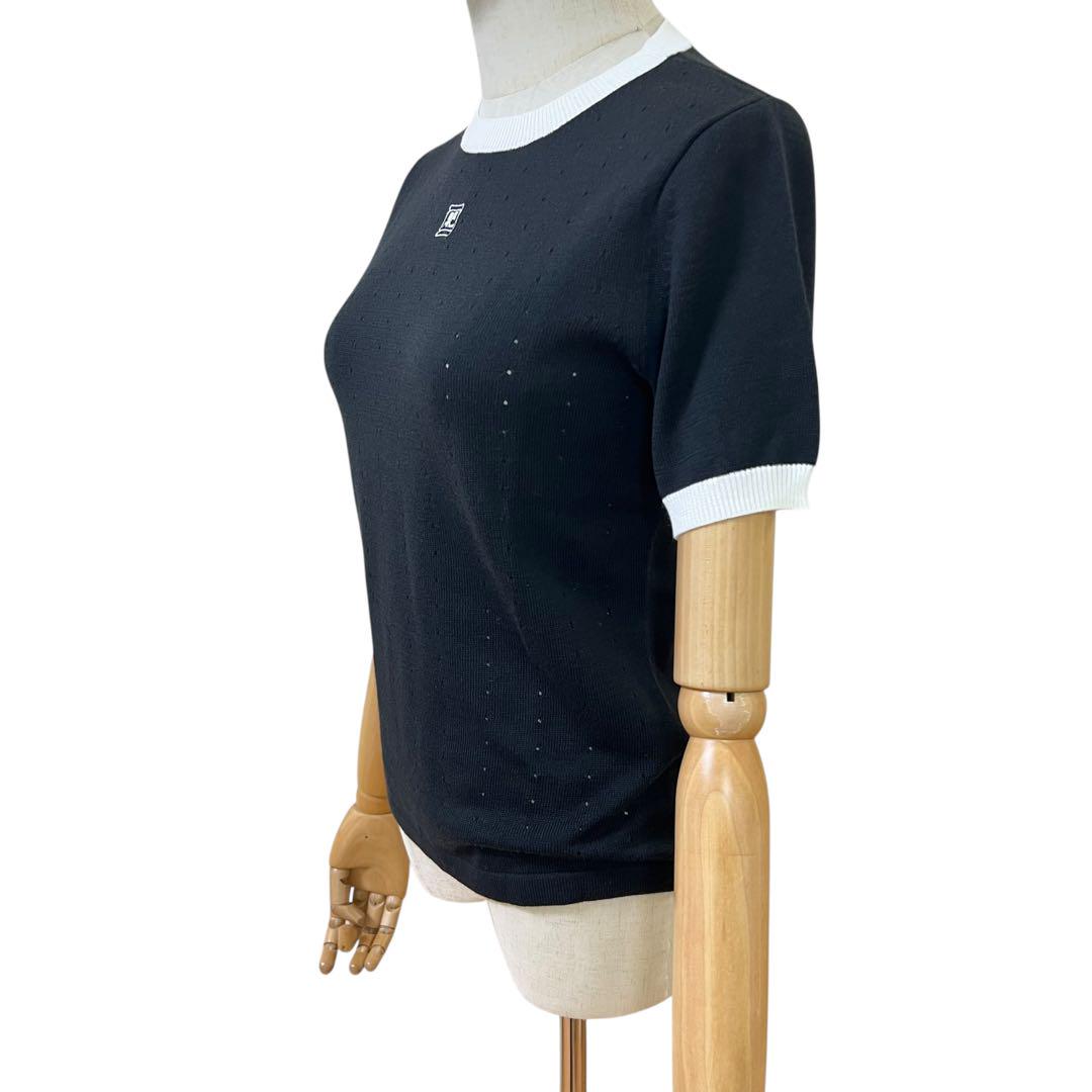 courreges クレージュ サマーニット 黒ネイビー 美品♡courreges サマーニット 半袖 バイカラー ロゴ 刺繍
