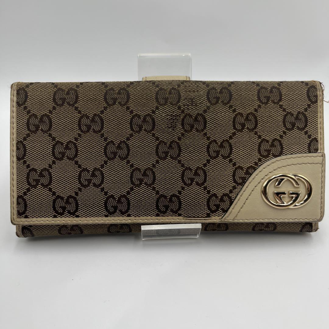 GUCCI インターロッキングGG柄 GGキャンバス×レザー 長財布ブラウン系