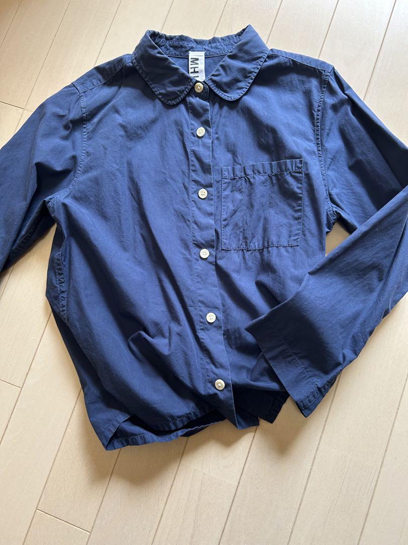 少しお値下げ　MHL 丸襟7部袖　ネイビーシャツ