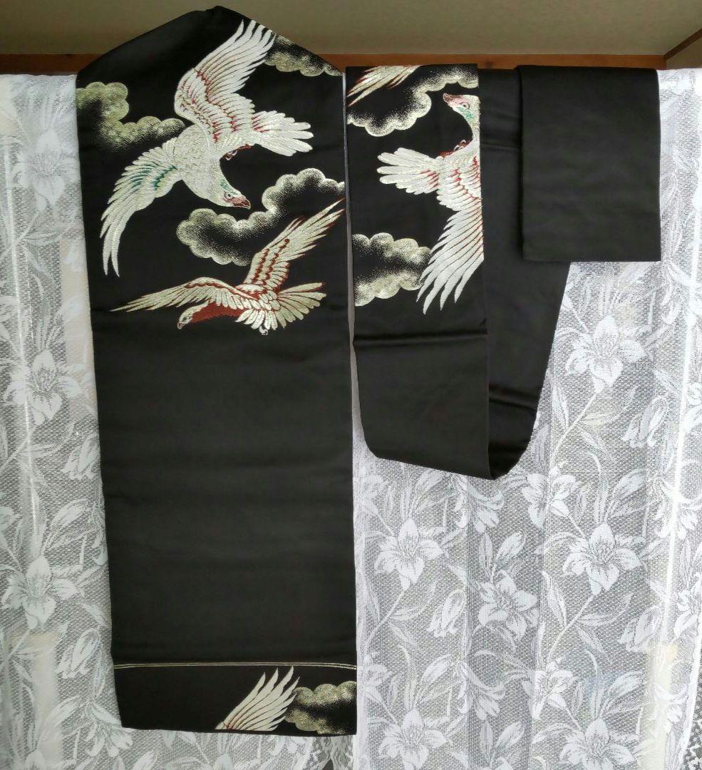 お歳暮 ✿名古屋帯 アンティーク 正絹 金.銀 (金属糸使用) 鷹 (黒) 着物・浴衣