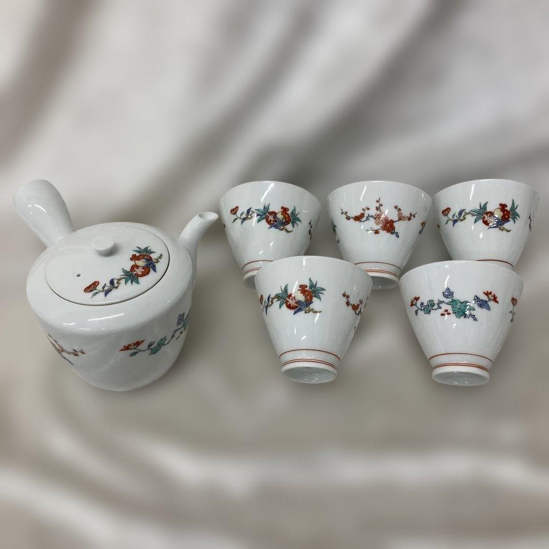 有田焼 柿右衛門 湯呑み茶碗5客 急須セット 手描き 箱なし 和食器 茶器揃い