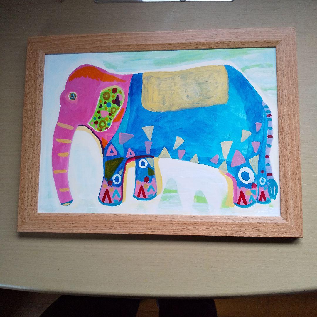 カラフルな象の絵画　フレーム付き アクリル画 原画 B5サイズ