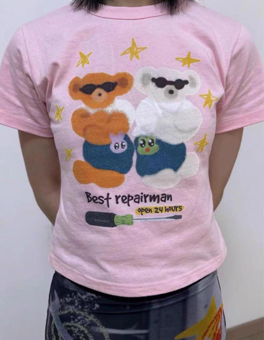 KAGAクマイラスト 半袖Tシャツ ピンク