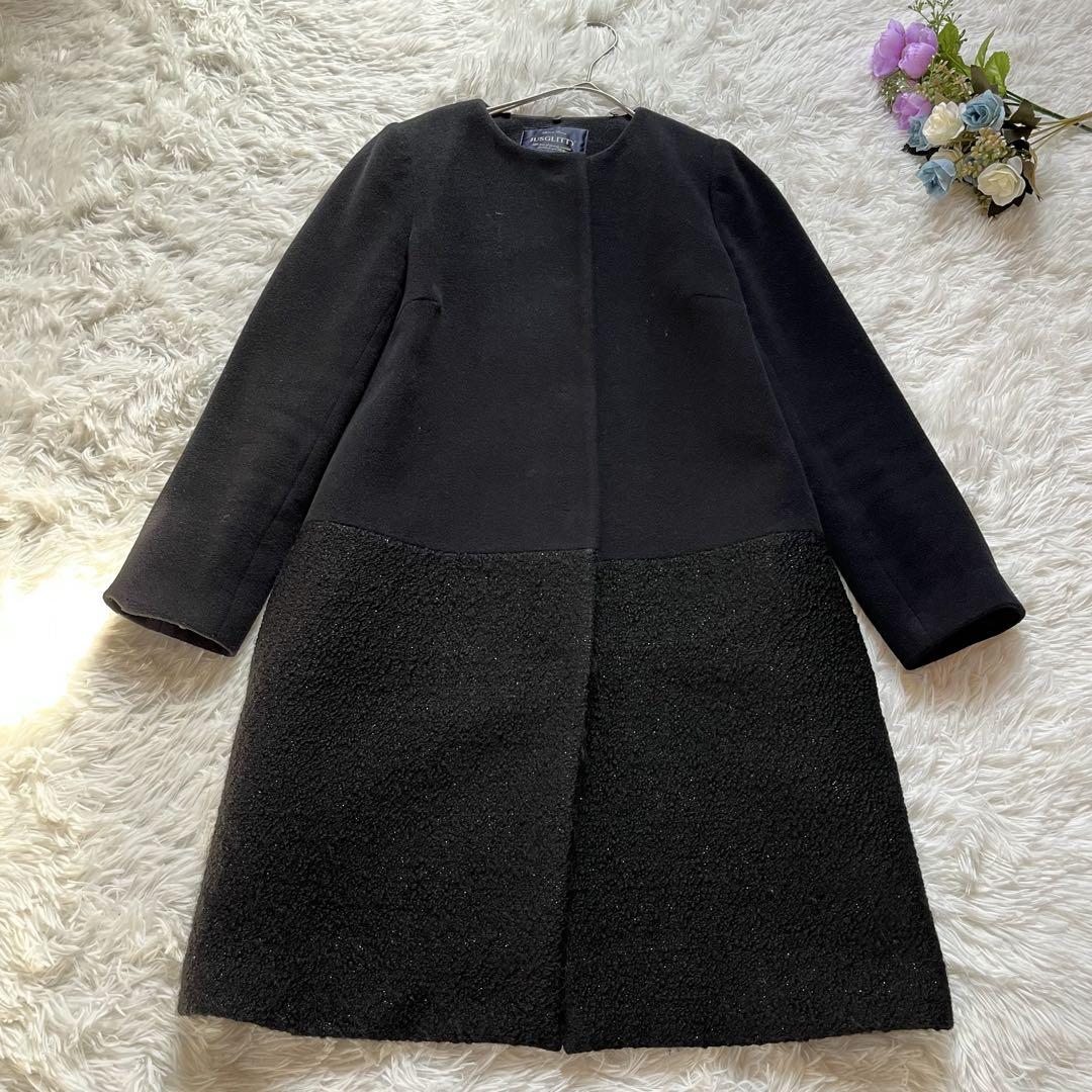 美品✨ジャスグリッティー　ツイード切り替えファーコート　フォックス　ブラック　Ｓ