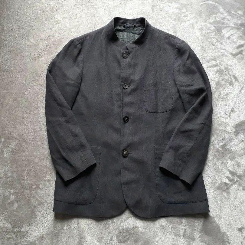 GIORGIO ARMANI　スタンドカラージャケット　リネン　ノーカラー黒タグ