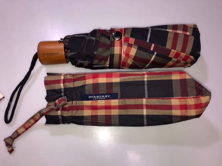 21バーバリーロンドン◇折りたたみ傘アンブレラ黒赤ベージュ系チェック