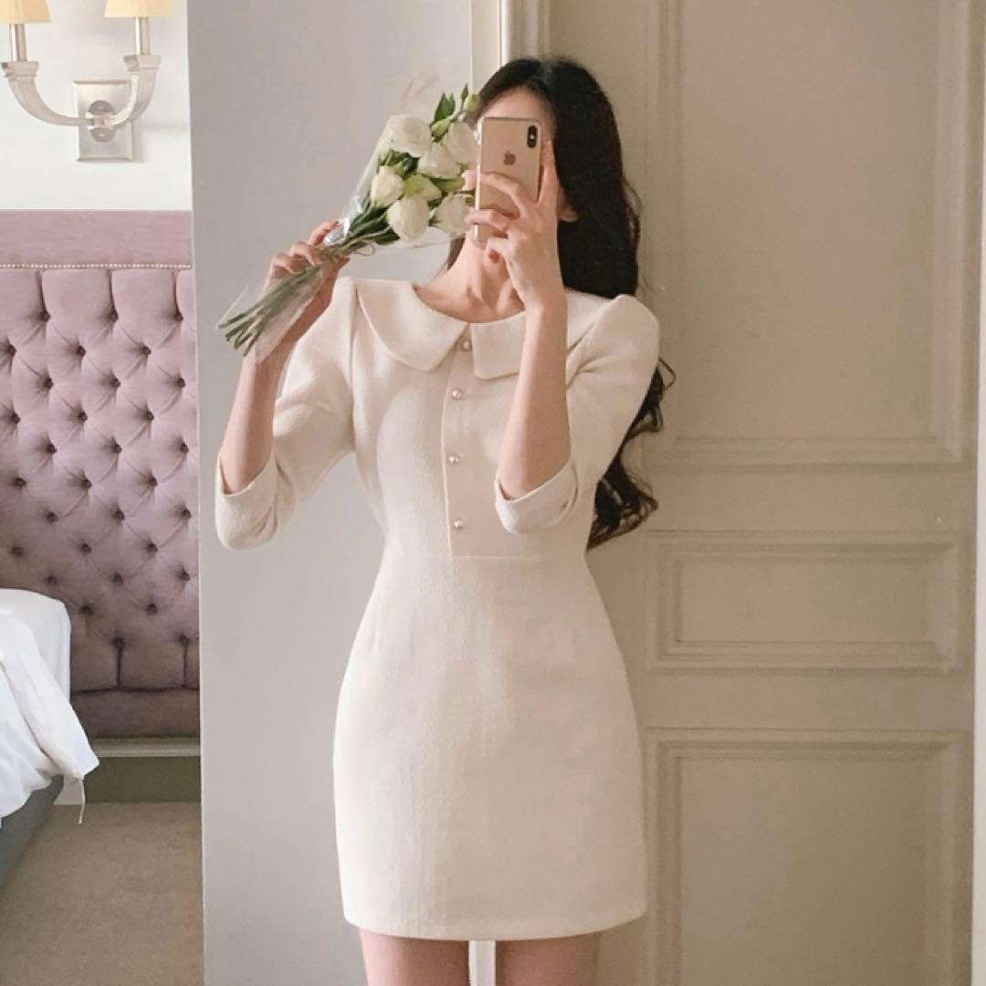 DHOLIC ツイード ミニ丈ワンピース ワンホン ホワイトM DHOLIC