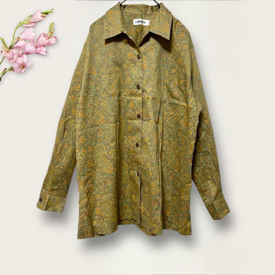 LIBERTYリバティ【L】レディース長袖シャツ/ブラウス/総柄プリント/緑系