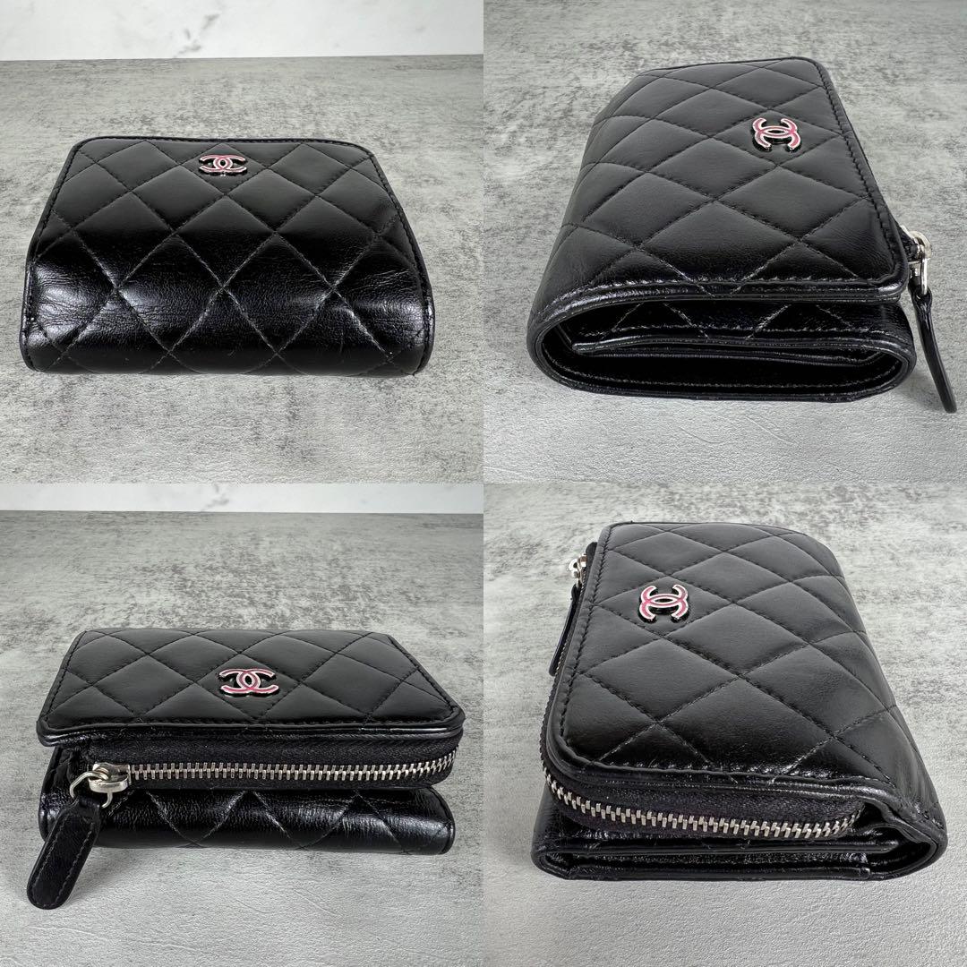 CHANEL ラムスキン　マトラッセ　三つ折り　コンパクト財布　コインケース