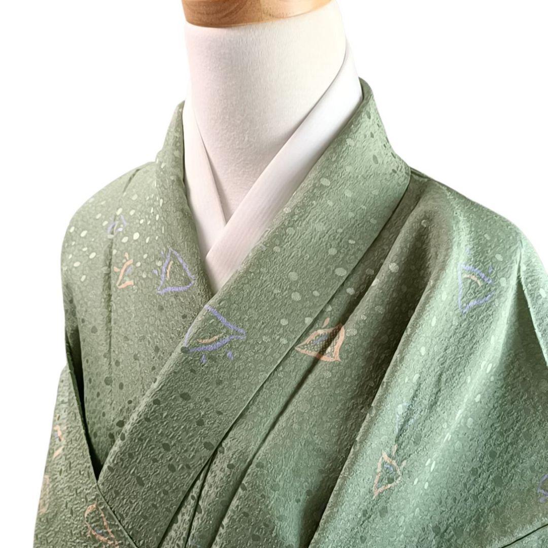 K120 単衣 お召し物 着丈161cm 着物 化繊 洗える 鳥 千鳥 緑