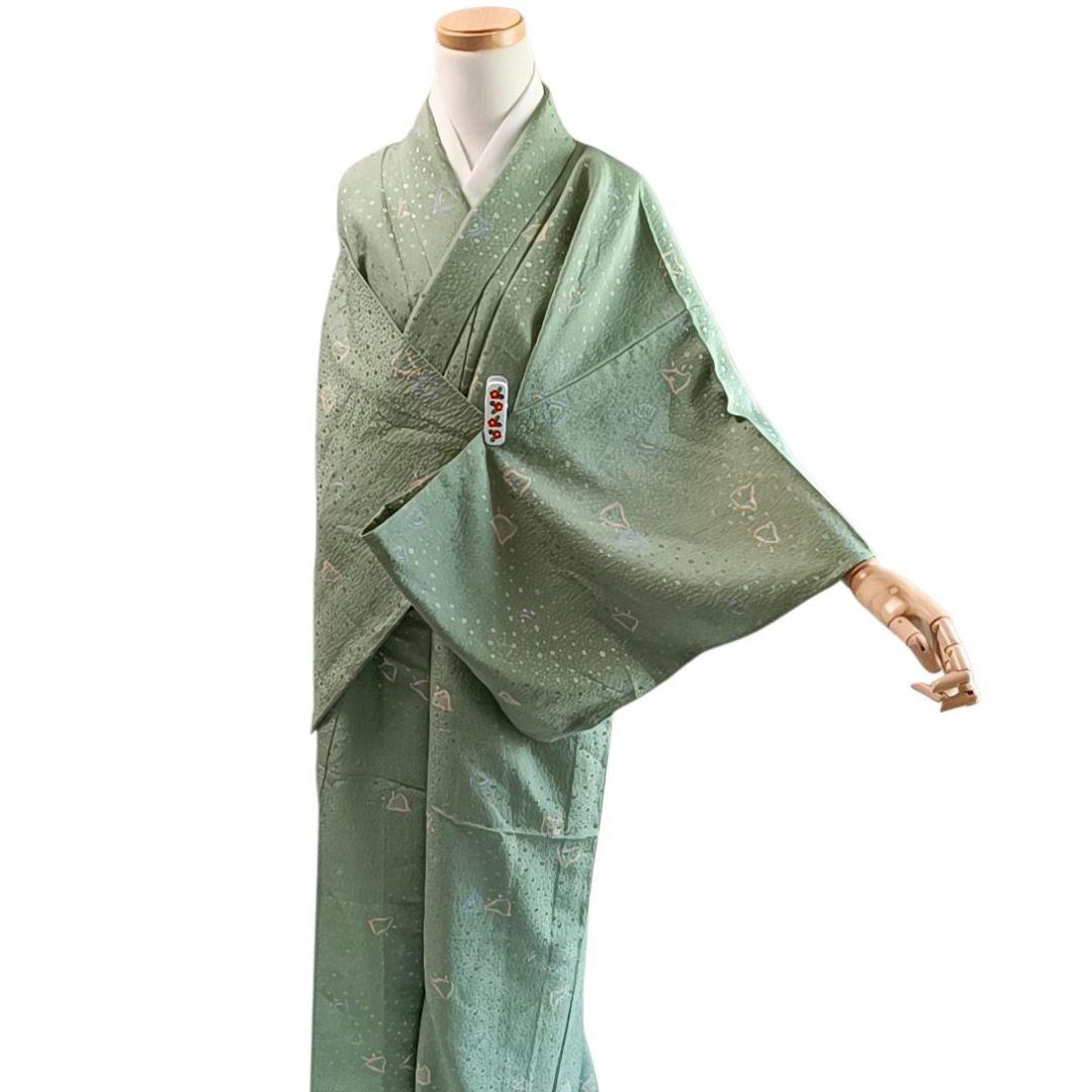 K120 単衣 お召し物 着丈161cm 着物 化繊 洗える 鳥 千鳥 緑