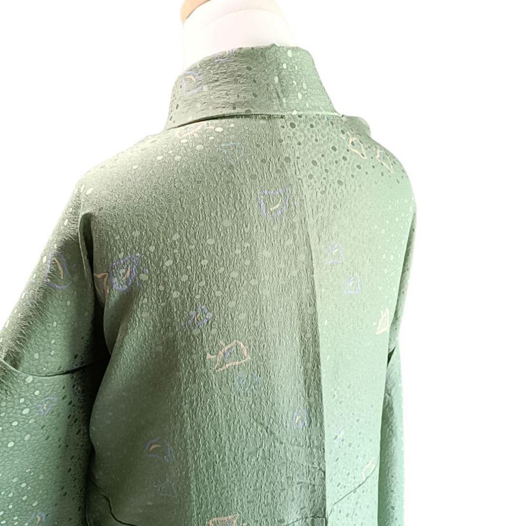 K120 単衣 お召し物 着丈161cm 着物 化繊 洗える 鳥 千鳥 緑