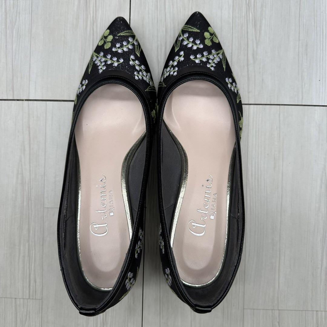 【美品】DIANA ダイアナ 23.5 パンプス フラワーレース ブラック