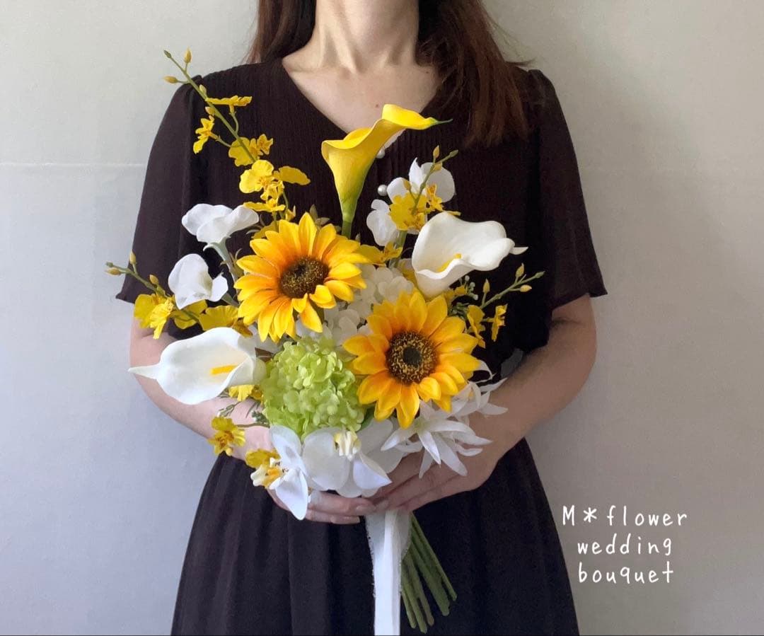 ⌘ヒマワリ×胡蝶蘭×カラーリリィ⌘アーティフィシャルフラワーブーケ 造花ブーケ