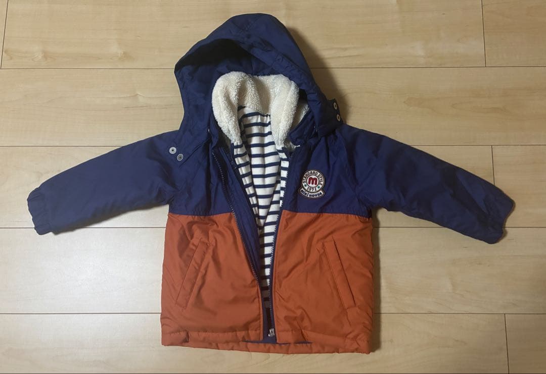 キッズ フード付き中綿コート ネイビーオレンジ