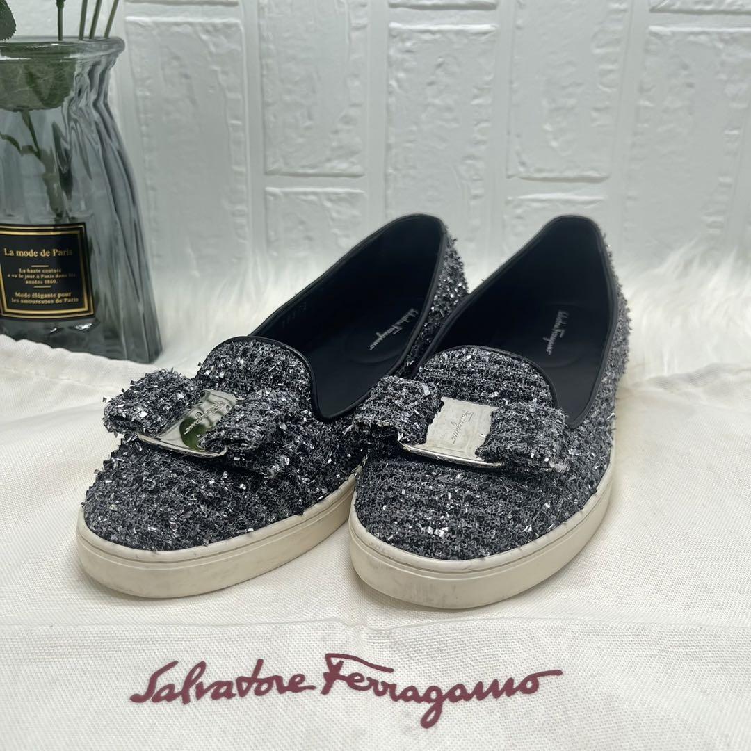 【Salvatore Ferragamo】 ラメパンプス リボン スリッポン 画像11