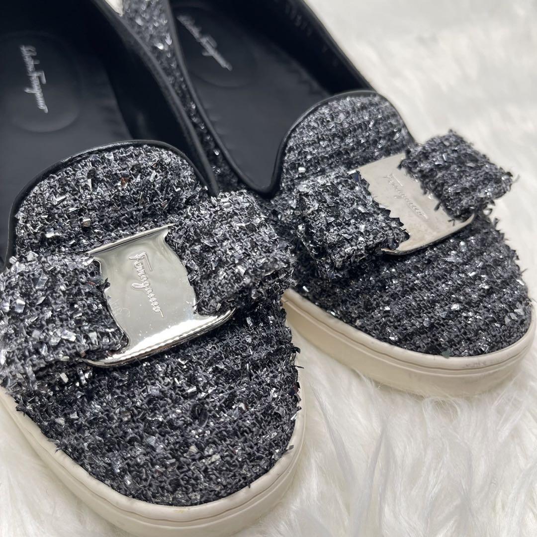 【Salvatore Ferragamo】 ラメパンプス リボン スリッポン 画像6