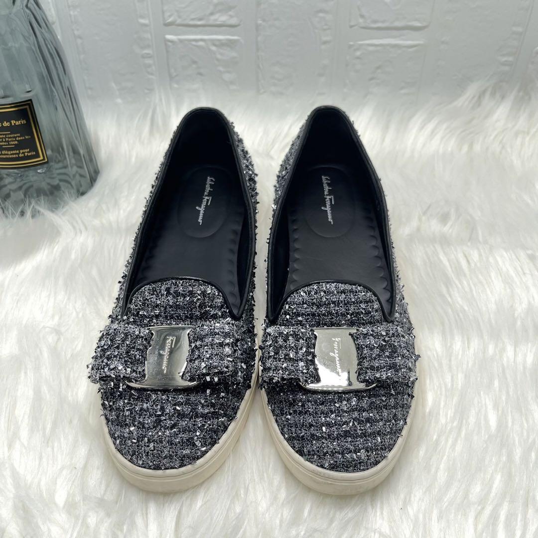 【Salvatore Ferragamo】 ラメパンプス リボン スリッポン 画像8