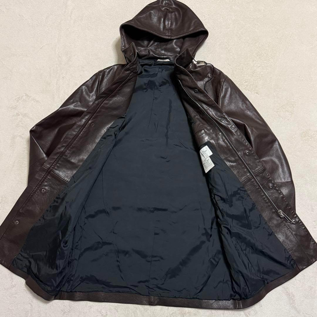 375 美品　クリスチャンディオール　フーデッドレザーコート　茶　Lサイズ相当
