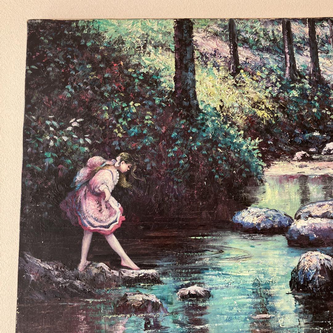 油彩 K.BEIBER  12号　水辺の少女　風景　水面　森林　自然　絵画