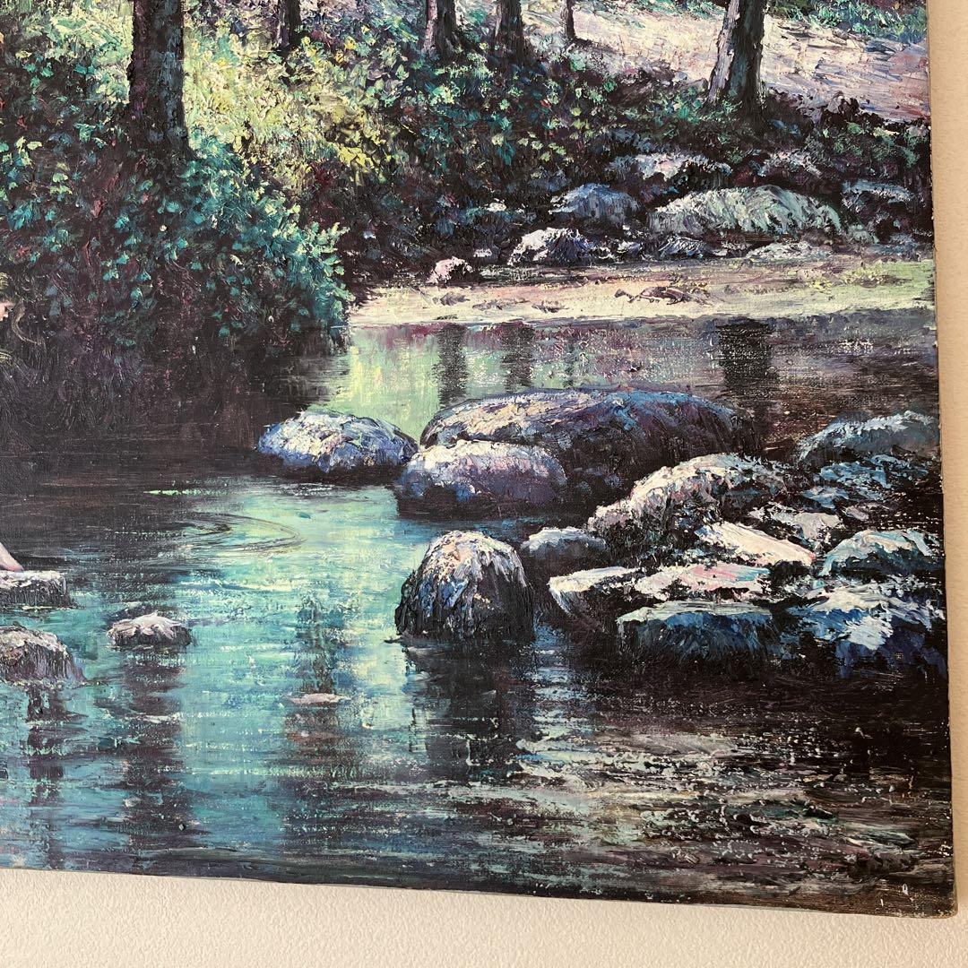 油彩 K.BEIBER  12号　水辺の少女　風景　水面　森林　自然　絵画