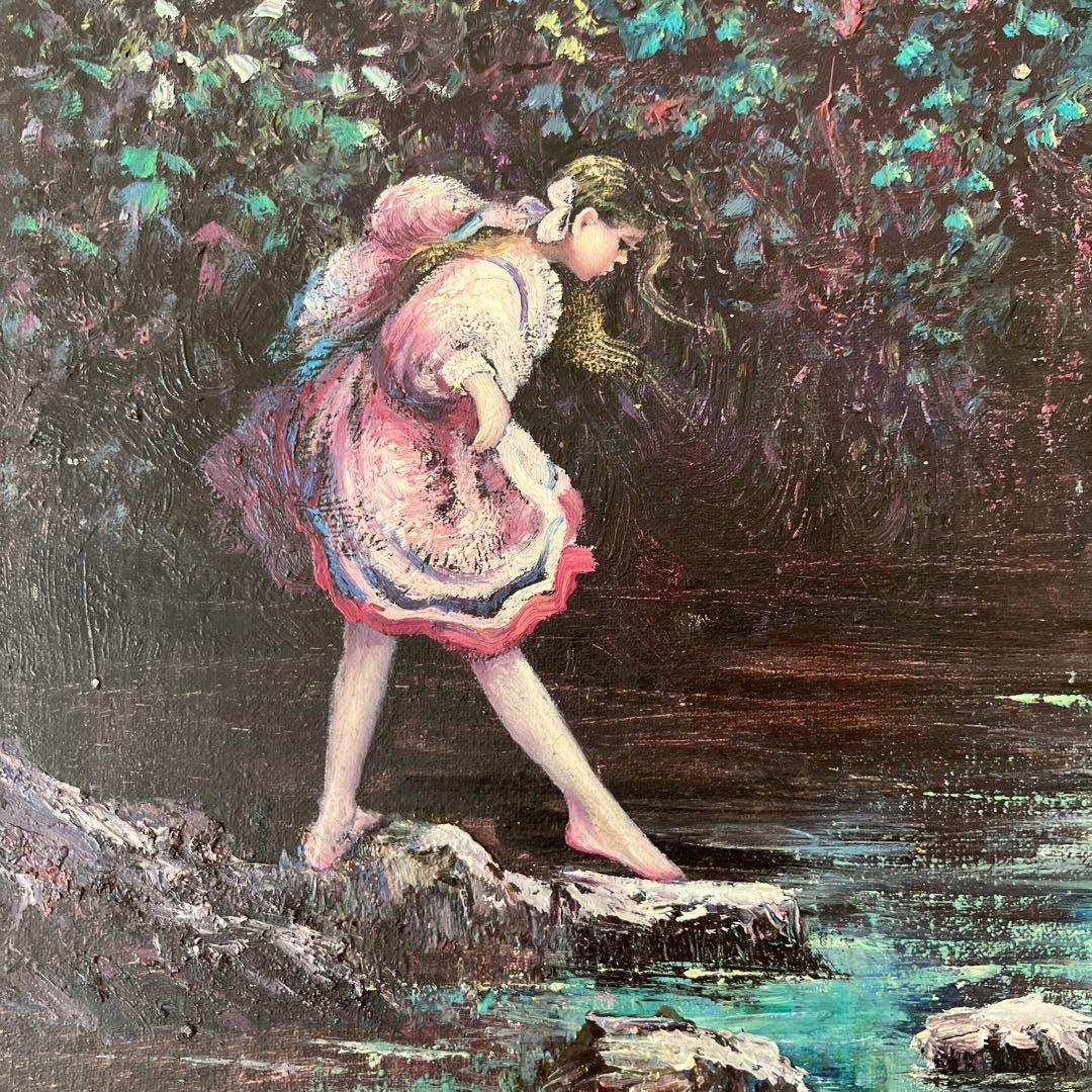 油彩 K.BEIBER  12号　水辺の少女　風景　水面　森林　自然　絵画