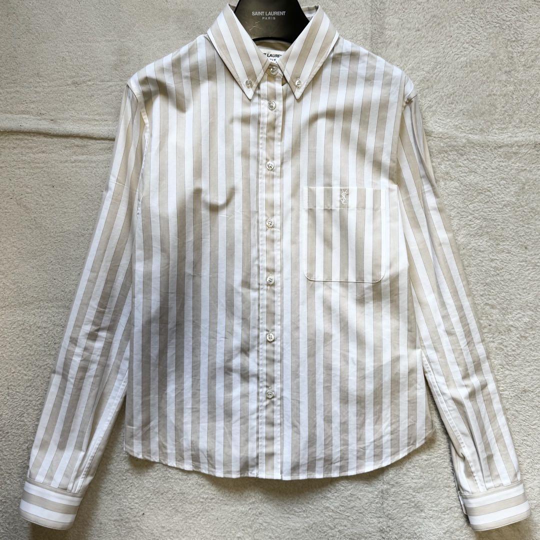 SAINT LAURENT PARIS ロゴ刺繍 長袖シャツ ストライプ