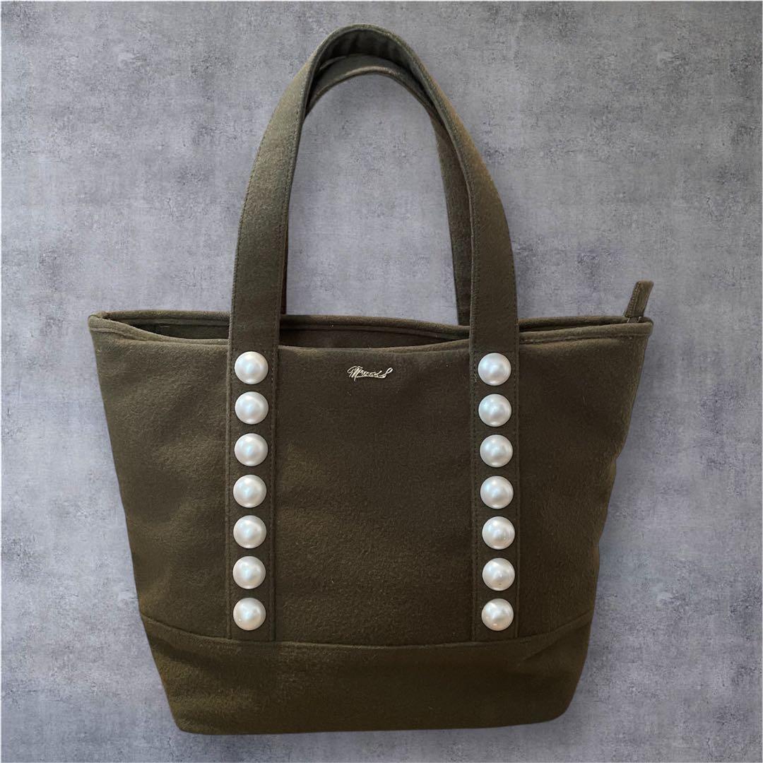 MUVEIL パールトートバッグ ウール素材 カーキ