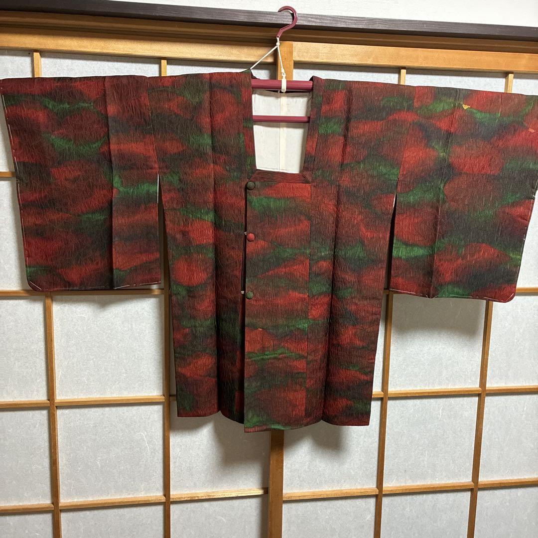 道行コート、赤緑、豪華丹後縮緬地、新品、正絹、しつけ糸有、表美品、裏側にアク有り