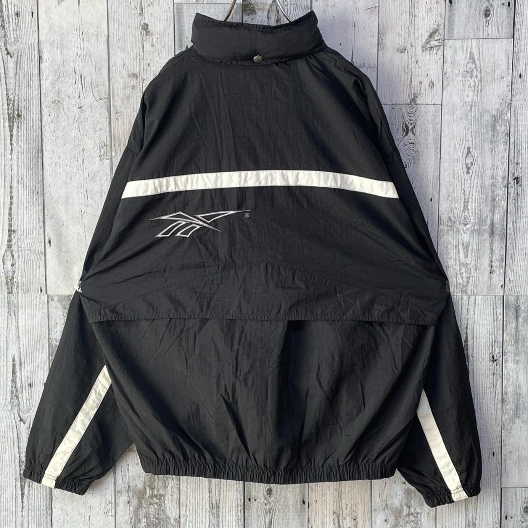 リーボック ナイロンジャケット 両面刺繍ロゴ ベクターロゴ 黒×白 L 90s