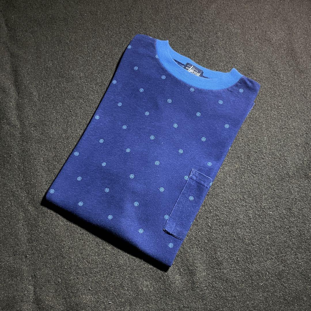 90s OLD STUSSY ドット柄　プリントTシャツ　M ネイビー