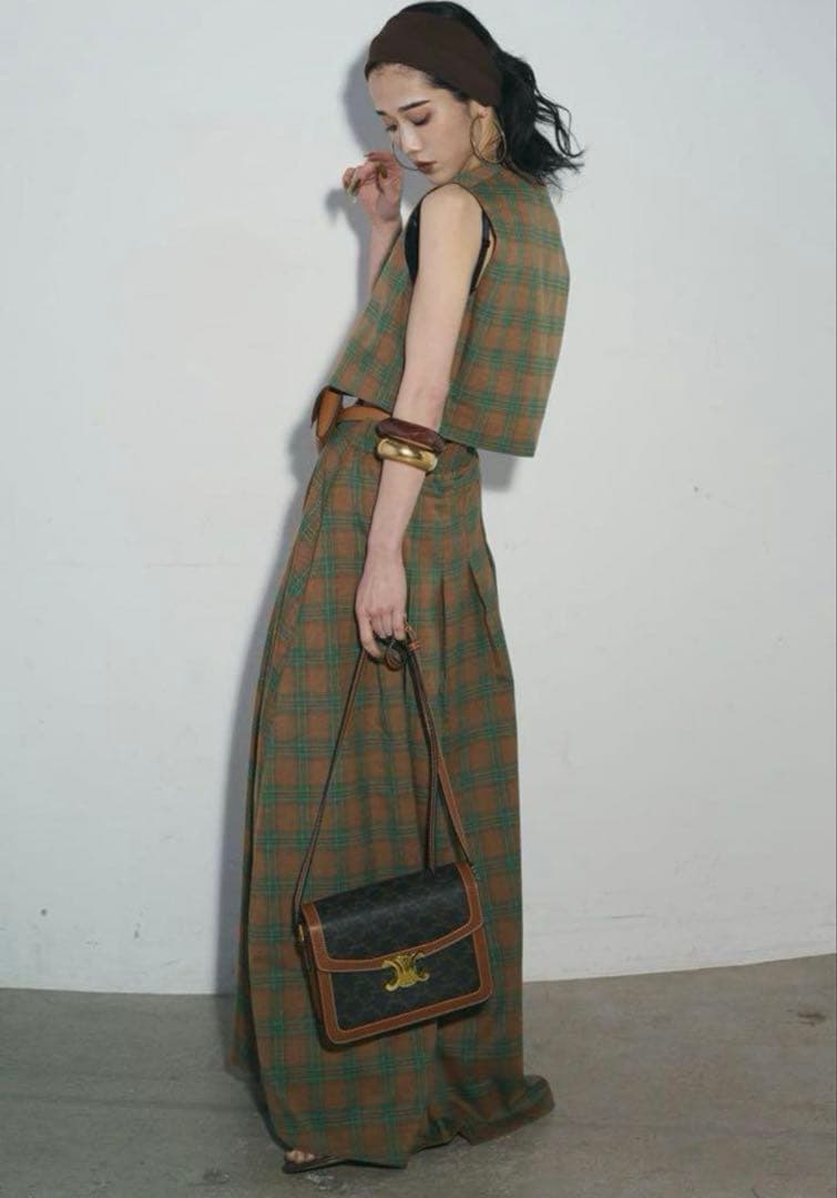 最終値引 Andrea-co チェック柄ベスト-ロングスカートセットアップFREE SIZE スペシャルな