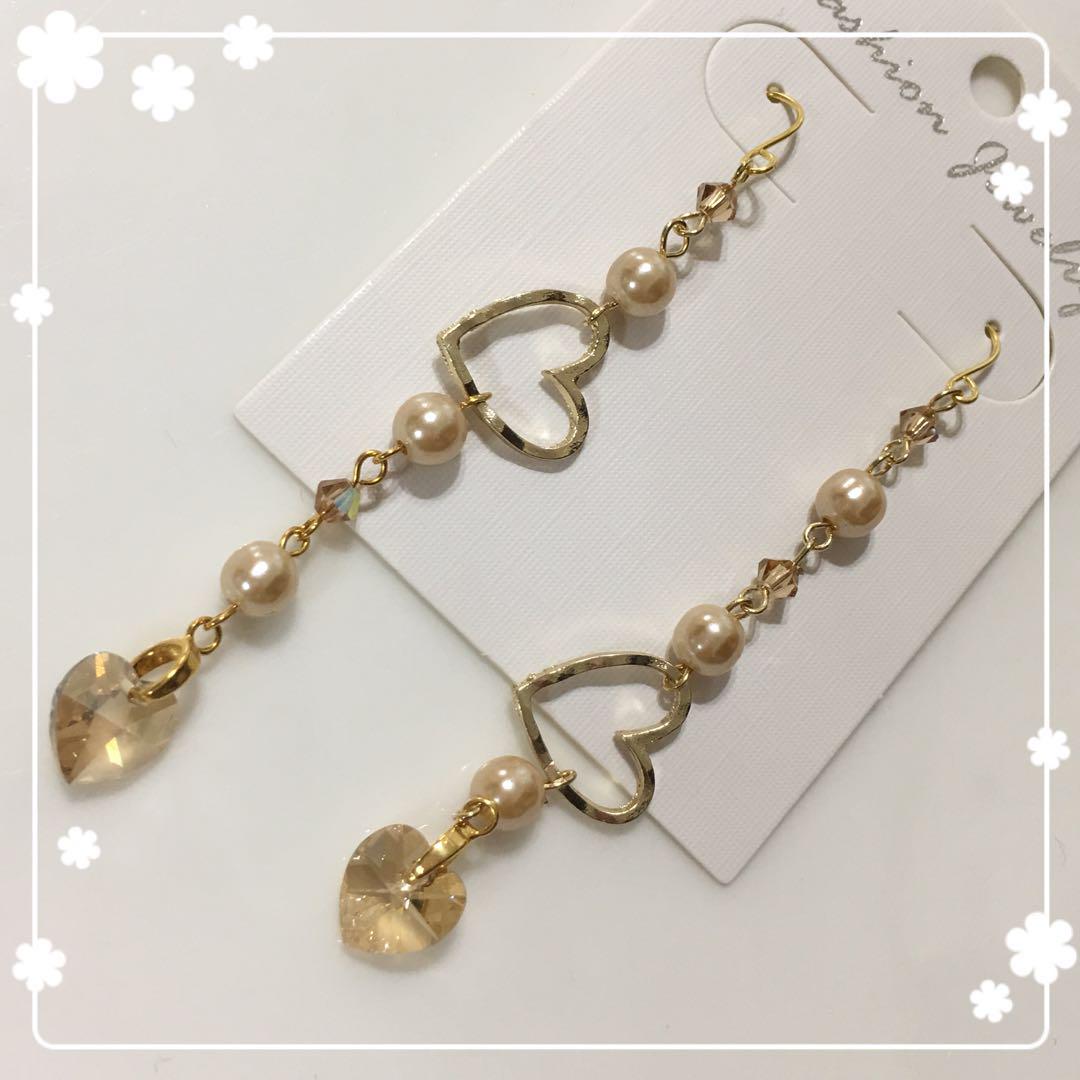 ⑭大人可愛いハートスワロフスキー ハンドメイド VMeJ8-m28120521989 ロングピアス お得セール