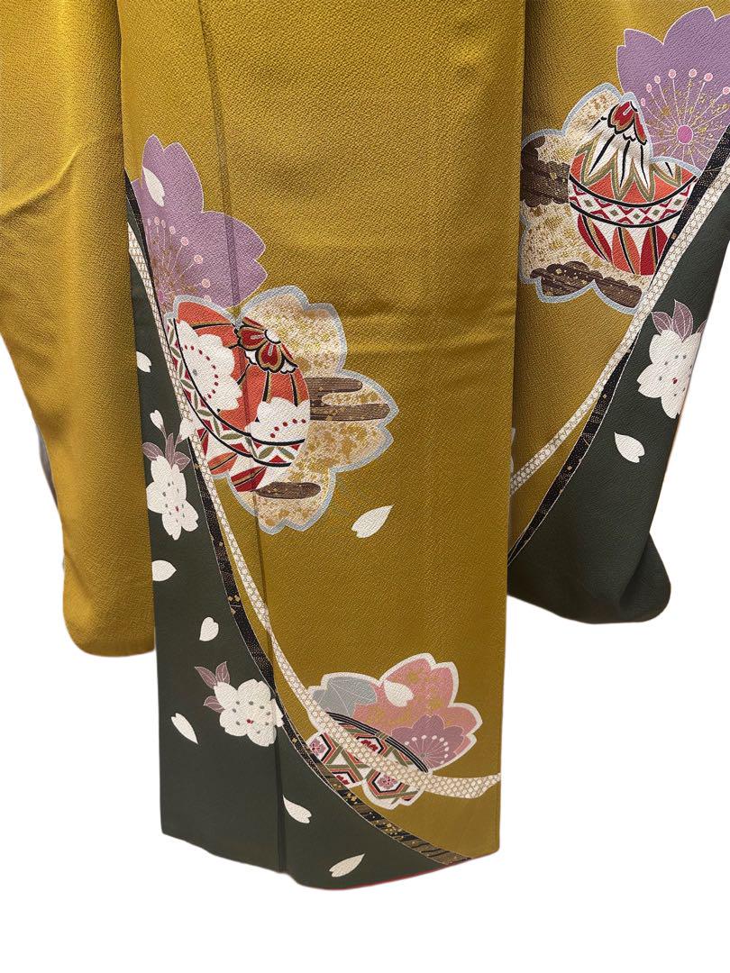 振袖 正絹 ちりめん カラシ 金箔 桜 熨斗目 大正ロマン5点セット203 振袖 正絹 ちりめん カラシ 金箔 桜 熨斗目 大正ロマン5点セット