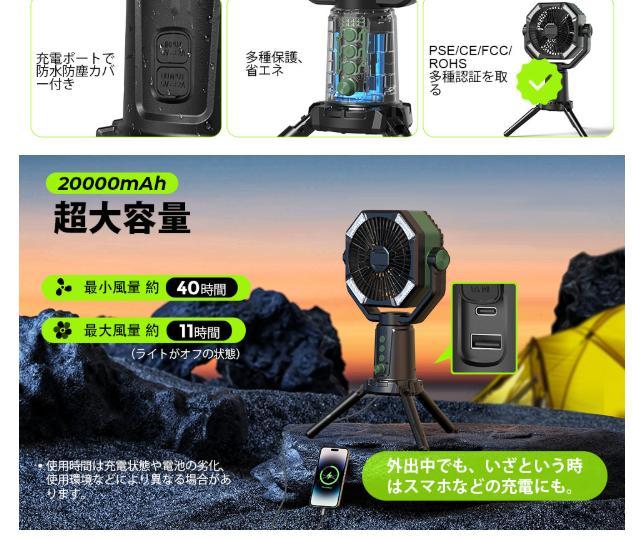 【20000mAh＆32枚LEDライト】折りたたみ三脚 充電式 キャンプ 扇風機