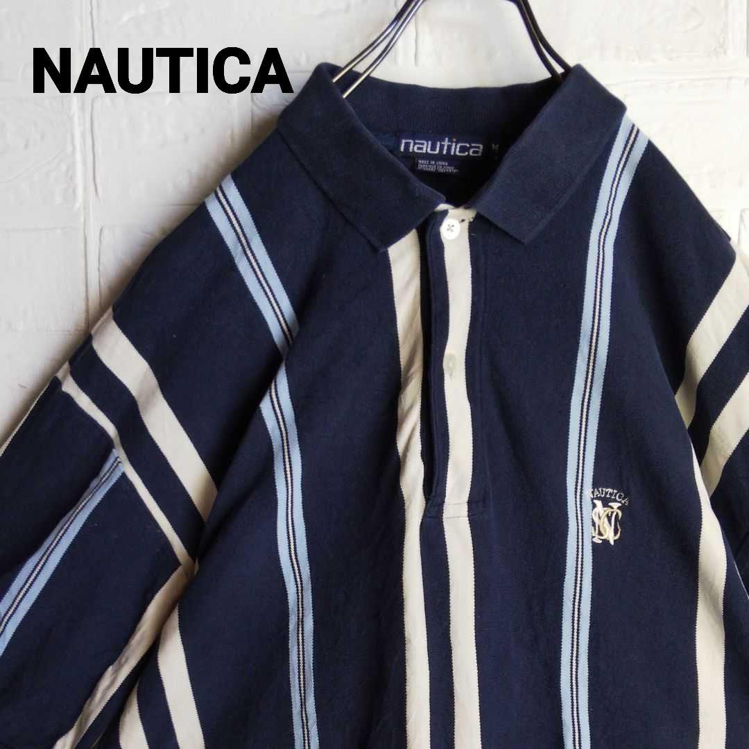 NAUTICA 半袖 ポロシャツ M ネイビー ストライプ