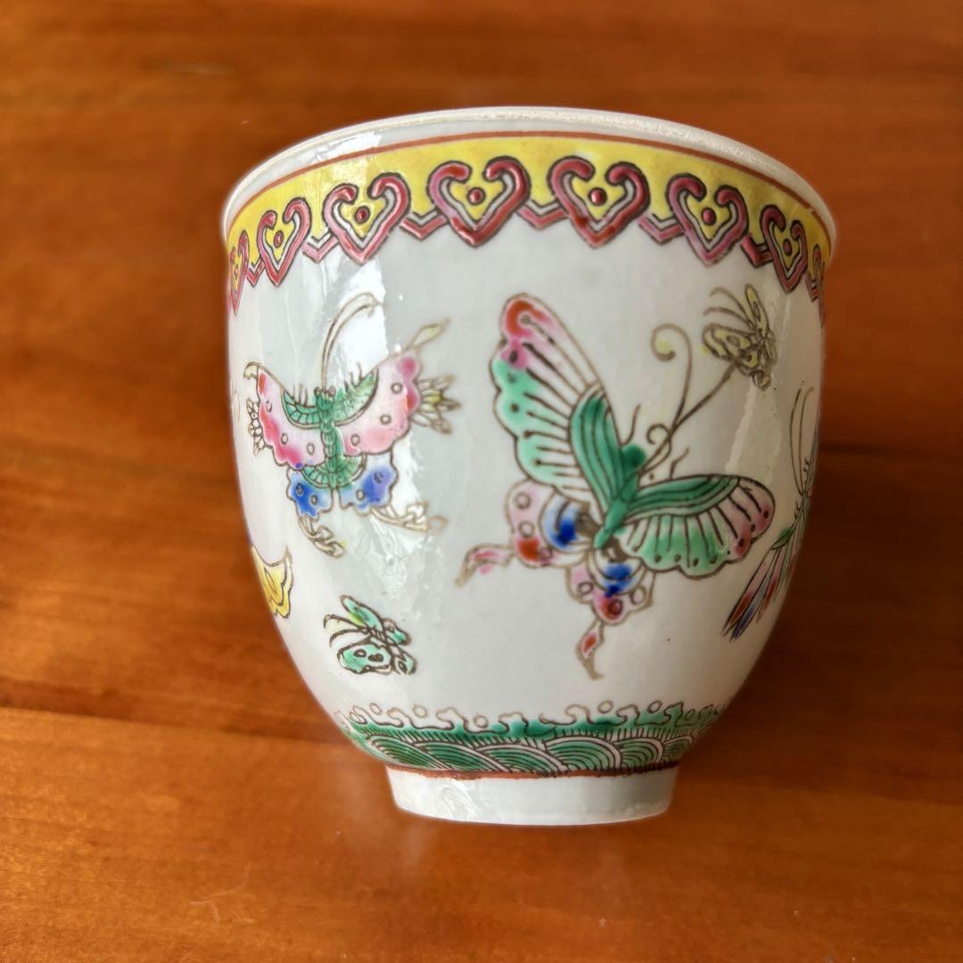 骨董 中国古玩 色絵磁器 乾隆年製銘 蝶龍図文 薄胎 煎茶器 茶器