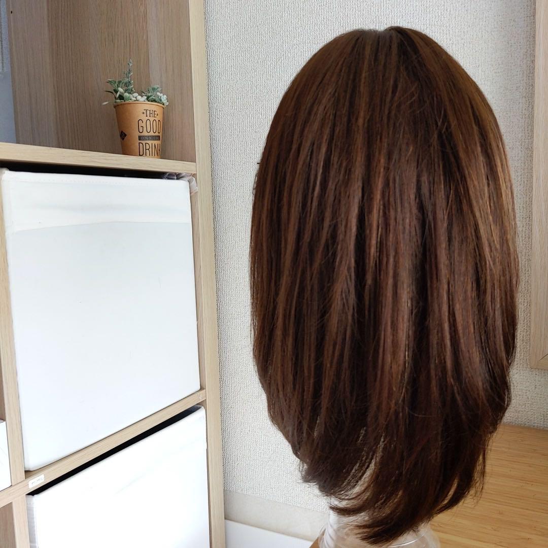 ★サラサラ人毛100%★レイヤー　ブラウン　後れ毛・うぶ毛カット済みフルウイッグ