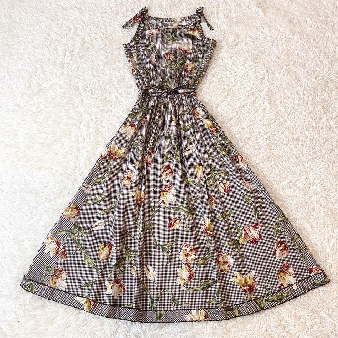 美品 INGEBORG ギンガムチェック チューリップ ワンピース マキシ丈 M