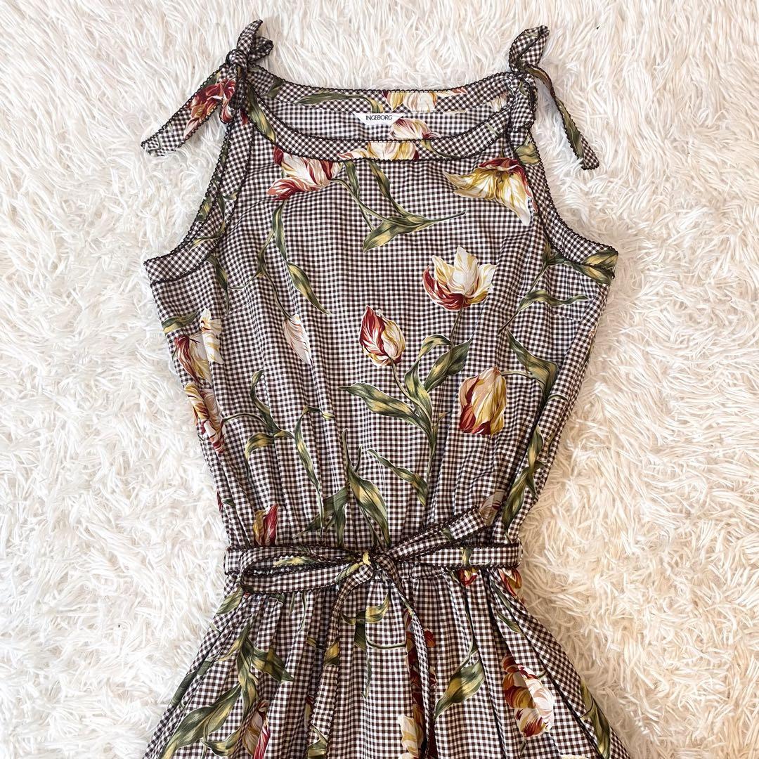 美品 INGEBORG ギンガムチェック チューリップ ワンピース マキシ丈 M