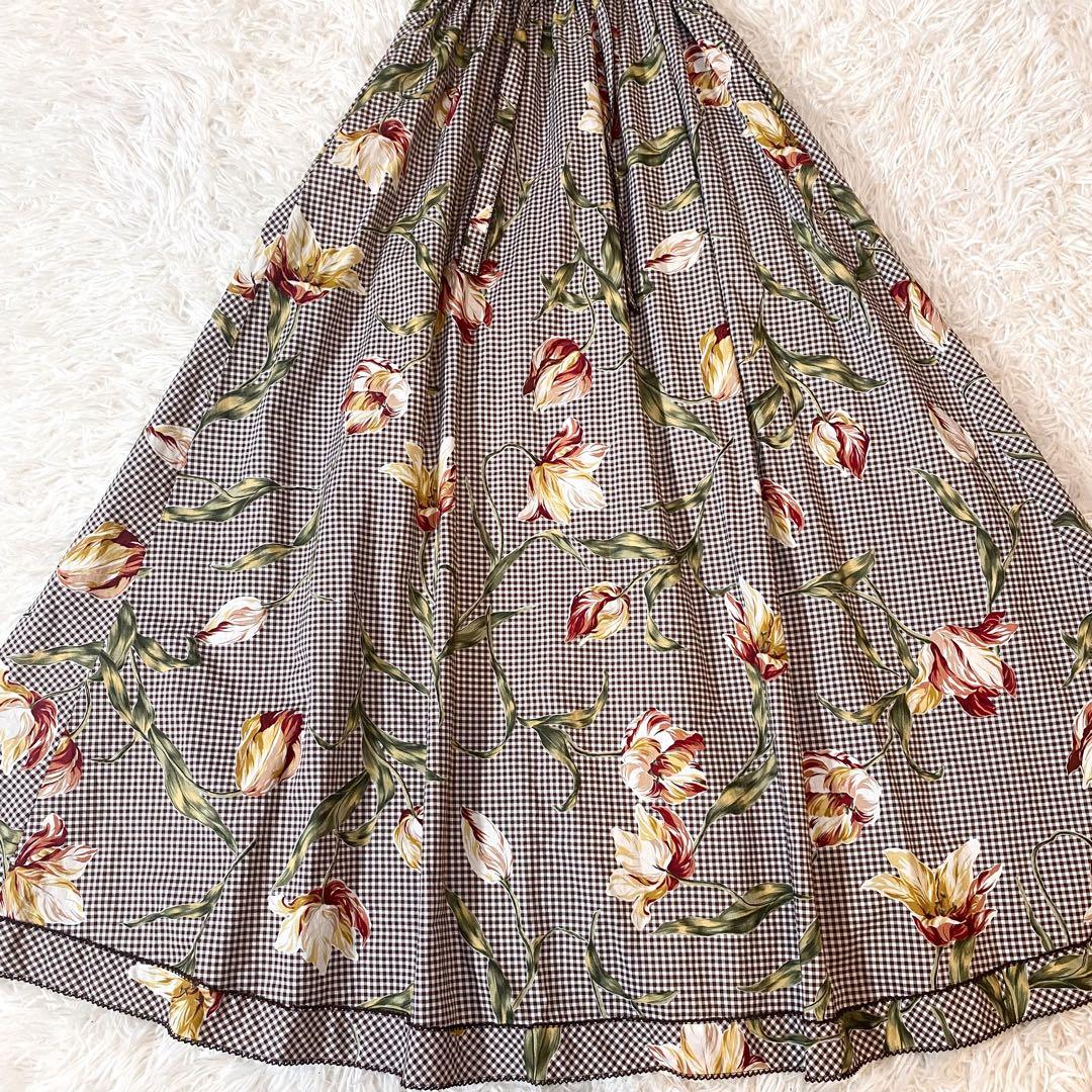 美品 INGEBORG ギンガムチェック チューリップ ワンピース マキシ丈 M