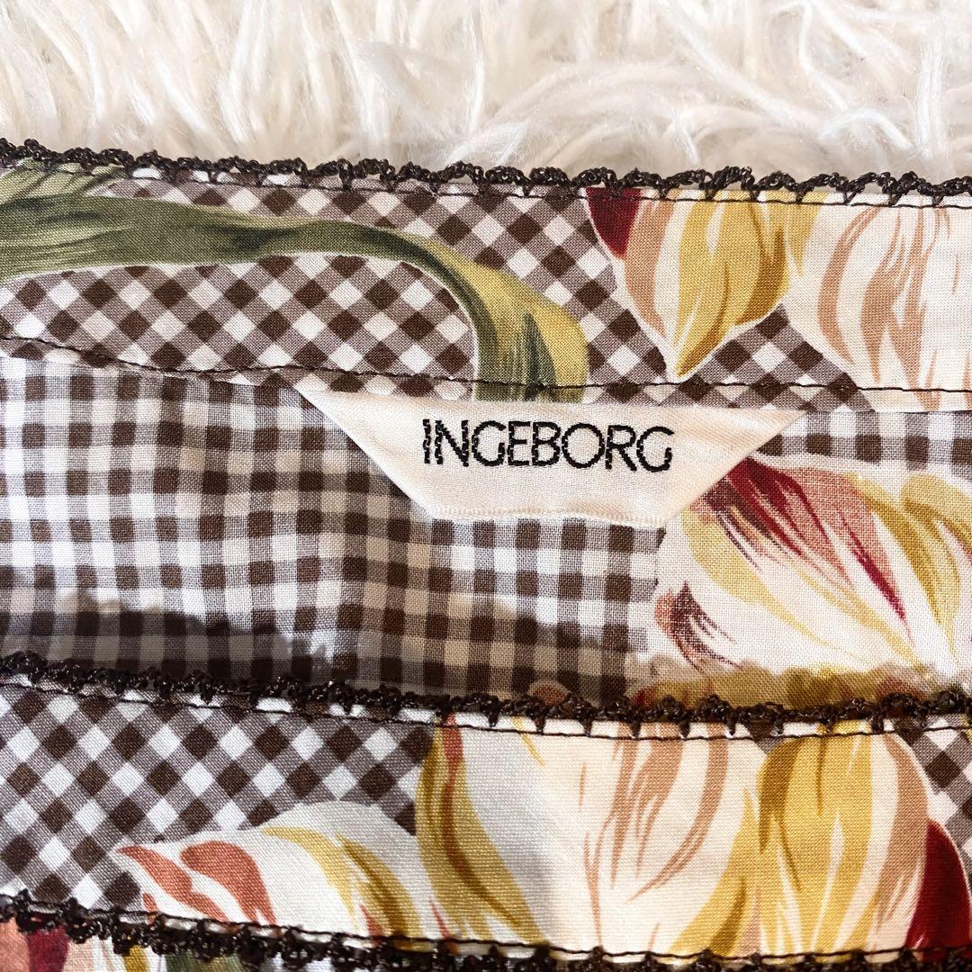 美品 INGEBORG ギンガムチェック チューリップ ワンピース マキシ丈 M