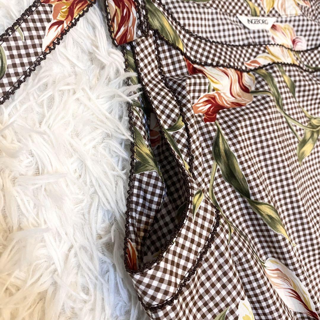 美品 INGEBORG ギンガムチェック チューリップ ワンピース マキシ丈 M
