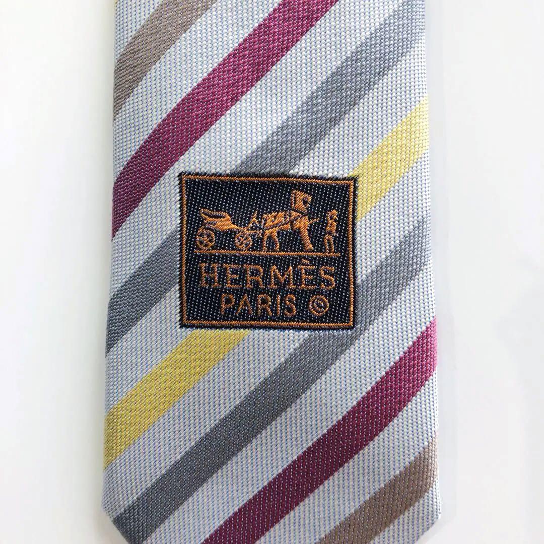 【12月スーパーSALE 15%OFF】 ネクタイ HERMES ストライプ柄 小物 シルバー 小物
