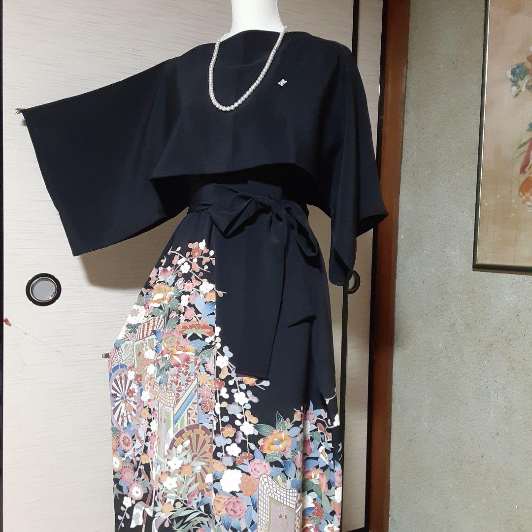 リメイク着物ロングワンピース正絹ボレロ付きL