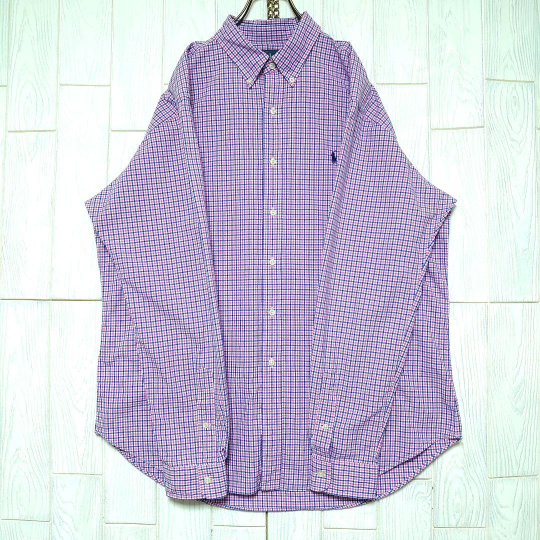 人気 ラルフローレン 長袖 シャツ XL ブルー ピンク チェック 刺繍 ふ