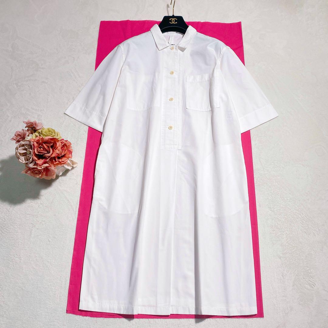 美品✨MHL. コットン シャツワンピース ひざ丈 半袖 ホワイト 2 M 夏