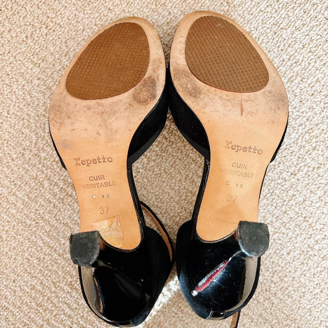 【美品】repetto 　ストラップパンプス37　エナメル×スエード　ブラック